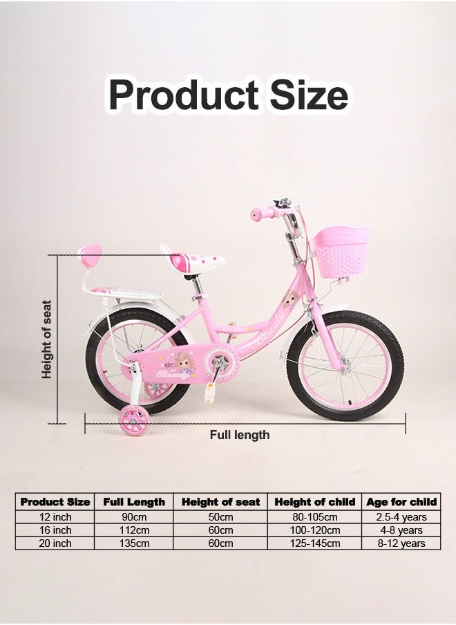 12-20 Inch Pink Style Kids Bike With Training Wheels And Basket