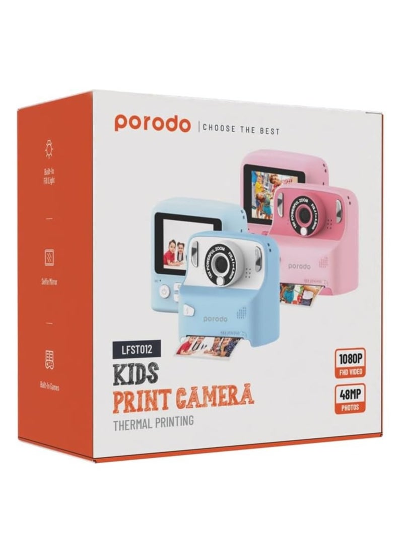 Porodo Lifestyle Kids Print Camera 1000mAh - Blue, Lightweight, Easy to Use, 100g, 10x5x3 cm, High Quality, Brand New