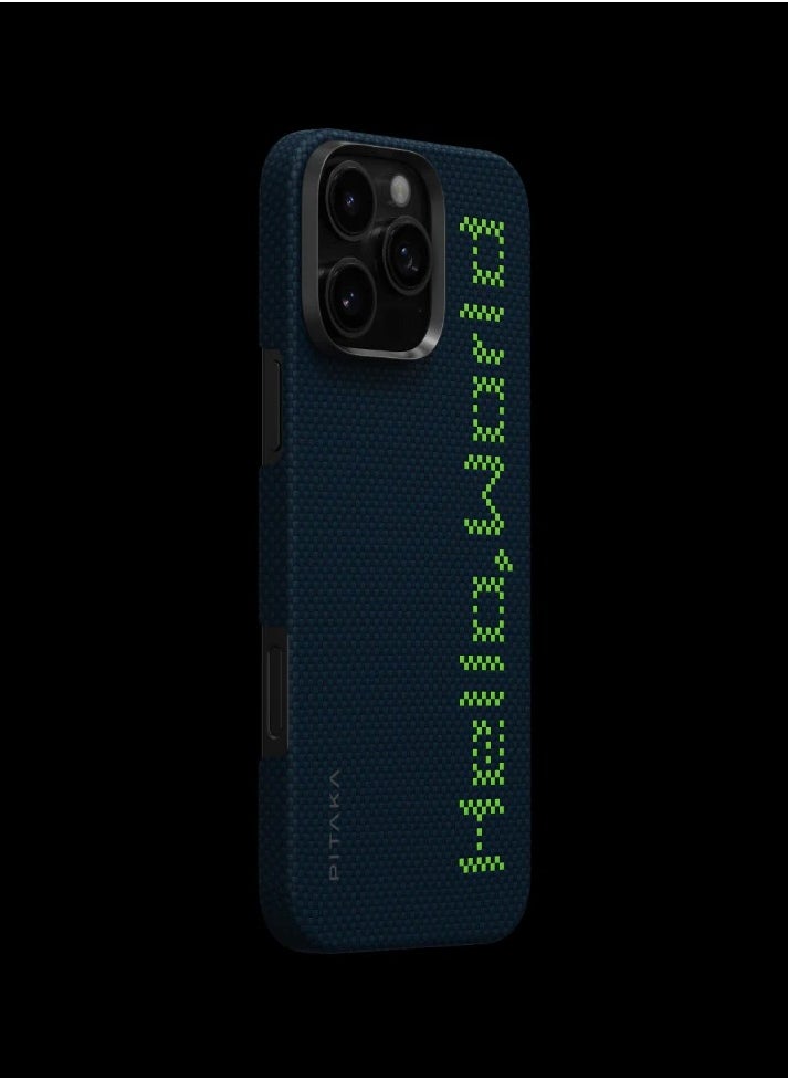 pitaka for iPhone 16 Pro Case Compatible with MagSafe, Thin & Light Case iPhone 16 Pro with a Caseless Feel, Glow in The Dark, 1500D Aramid Fiber Woven Luminous Tactile Woven Case - Hello,World