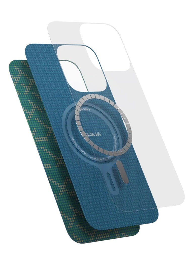 pitaka for iPhone 16 Pro Case Compatible with MagSafe, Thin & Light Case iPhone 16 Pro with a Caseless Feel, 1500D Aramid Fiber Woven Tactile Woven Case Monogram - Black Blue