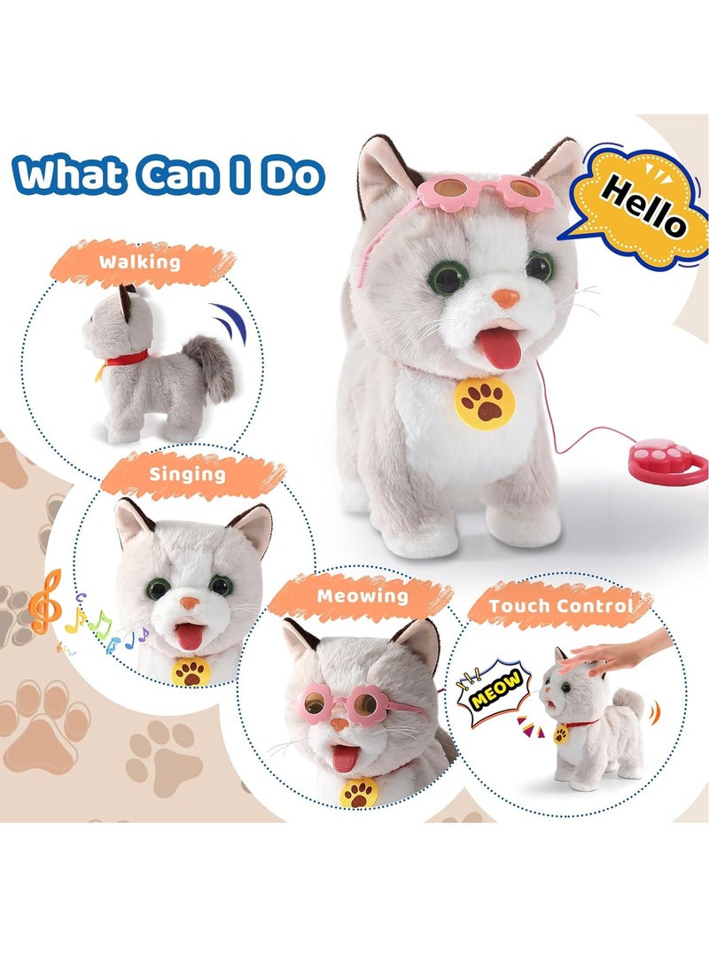 Interactive Plush Walking & Singing Cat Toy for Kids - Remote Control Leash, Meowing, Running, Wagging Tail - Electric Stuffed Animal Kitten Companion for Children's Birthday Gift