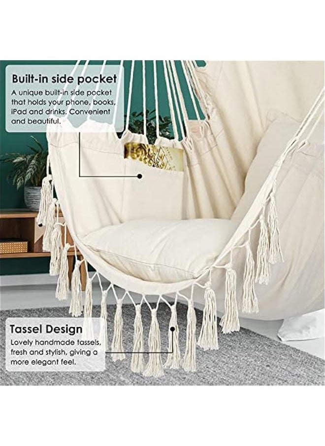 Y- Stop Hammock Chair Hanging Rope Swing, Max 500 Lbs, 2 Cushions Included, Large Macrame Hanging Chair with Pocket for Superior Comfort, with Hardware Kit (Beige)