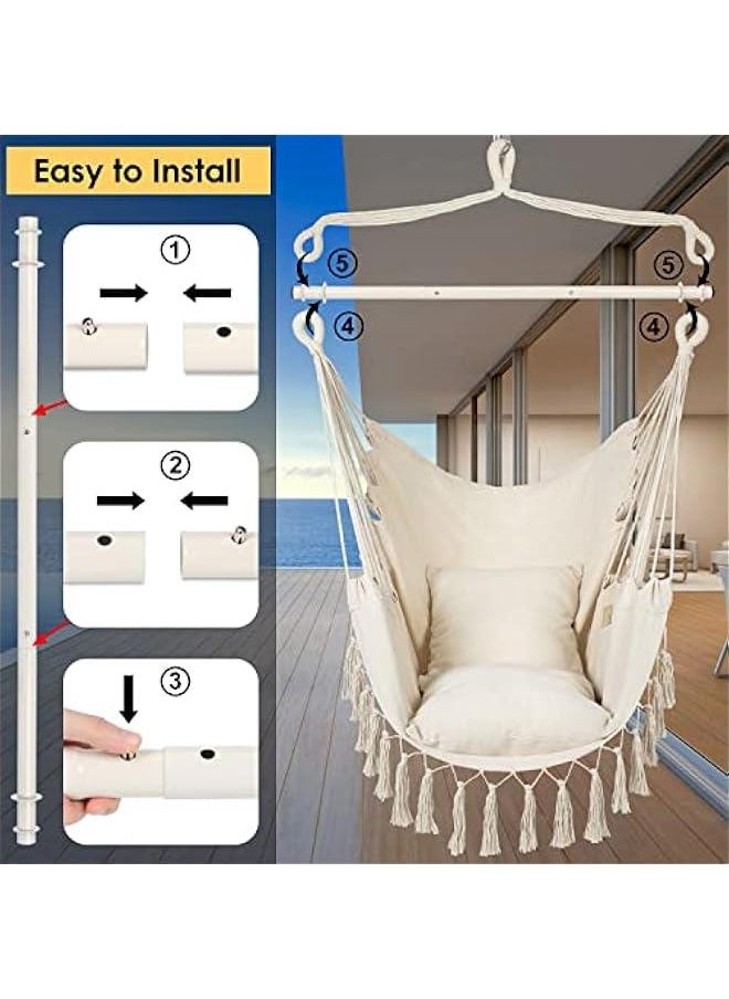 Y- Stop Hammock Chair Hanging Rope Swing, Max 500 Lbs, 2 Cushions Included, Large Macrame Hanging Chair with Pocket for Superior Comfort, with Hardware Kit (Beige)