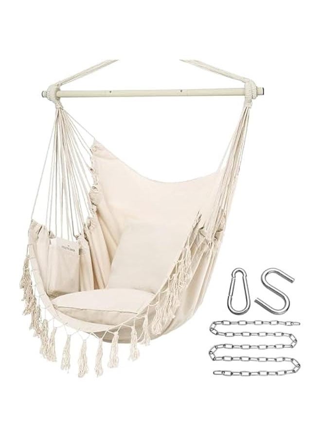 Y- Stop Hammock Chair Hanging Rope Swing, Max 500 Lbs, 2 Cushions Included, Large Macrame Hanging Chair with Pocket for Superior Comfort, with Hardware Kit (Beige)