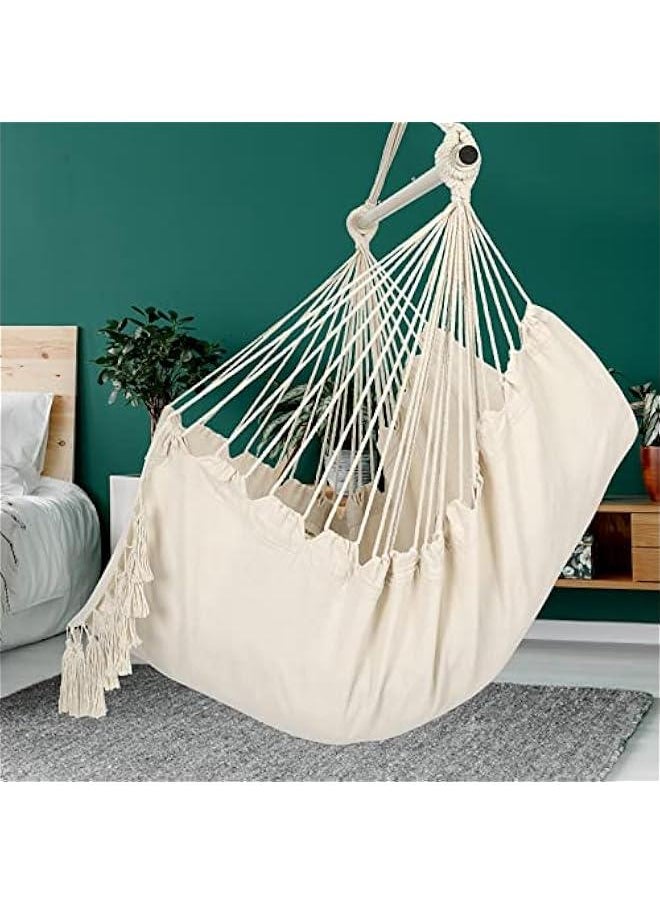 Y- Stop Hammock Chair Hanging Rope Swing, Max 500 Lbs, 2 Cushions Included, Large Macrame Hanging Chair with Pocket for Superior Comfort, with Hardware Kit (Beige)