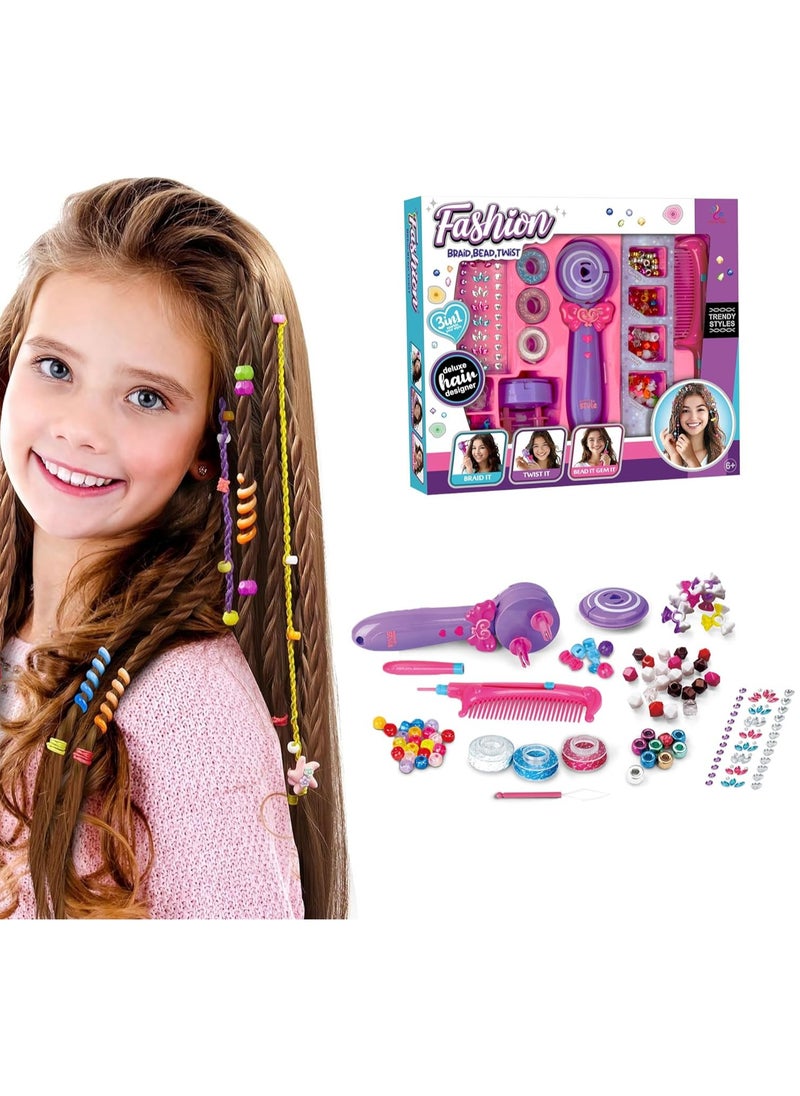 3in1 Fashion Hair Braid, Bead & Twist Styling Kit for Girls, Tween Hair Designer for Ages 4 and Up – Includes Beads, Hair Ties, Comb, Threader & More for your Little Angel - Multicolour