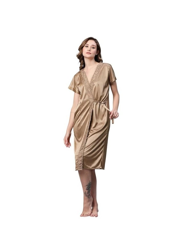 Women Satin Short Nighty with Lace & Robe 1306