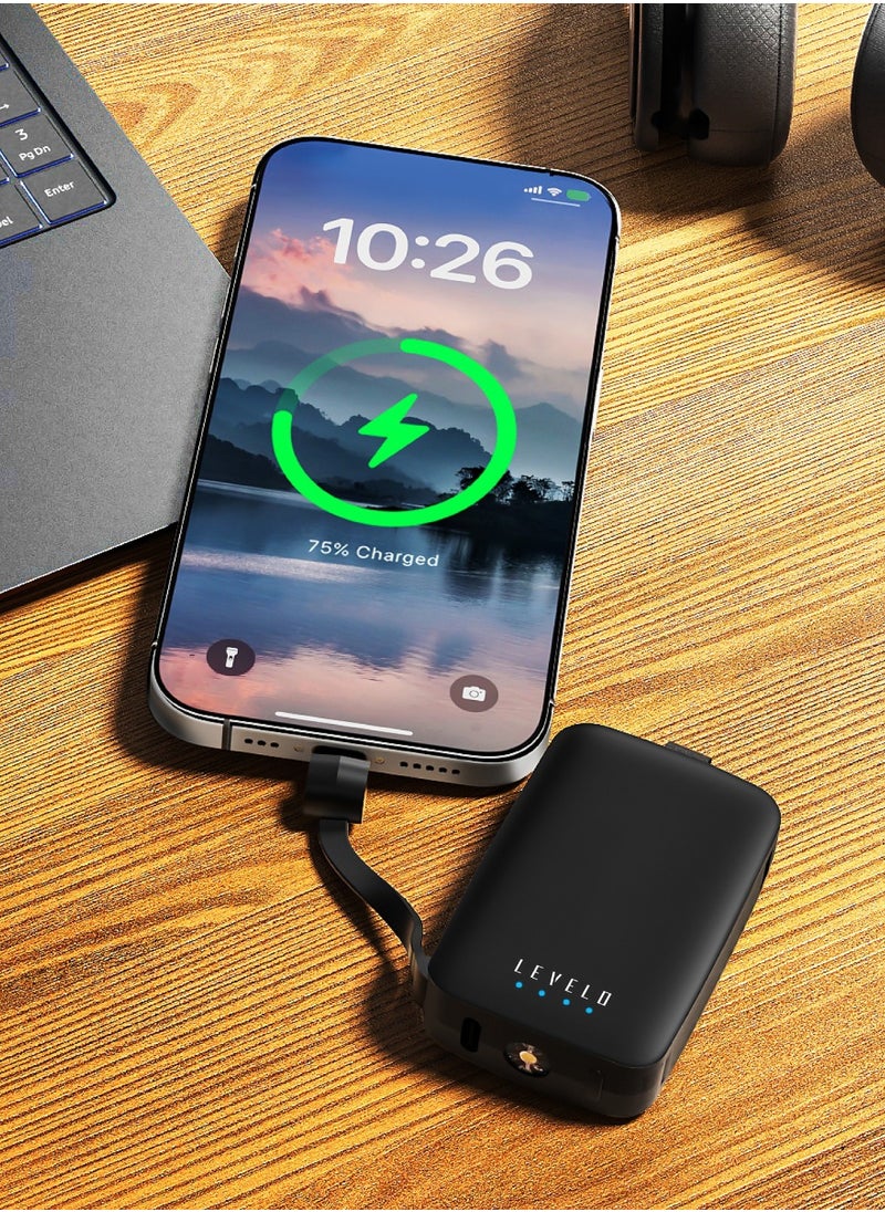 Nano Mini PowerBank 4000mAh with Integrated Keychain and Cables / Built-In Lamp / Simultaneous Charging / Type-C and Lightning Cables / Fast Charging Power Bank - Black