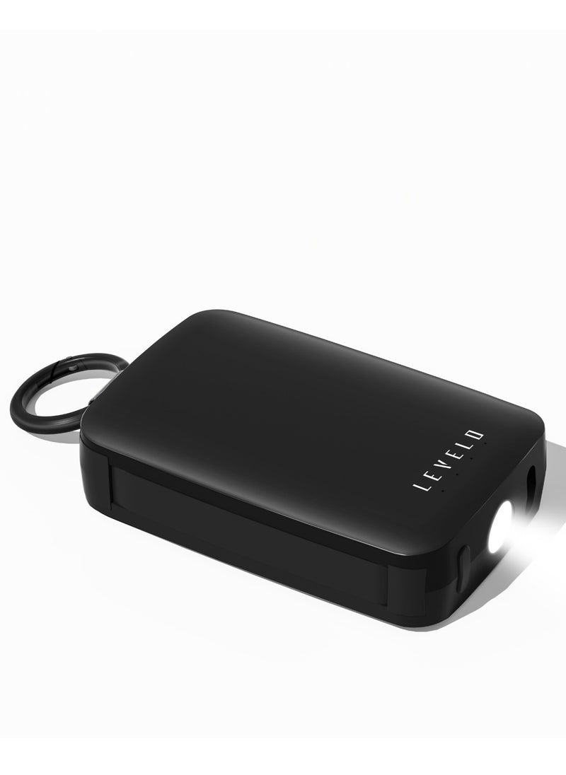 Nano Mini PowerBank 4000mAh with Integrated Keychain and Cables / Built-In Lamp / Simultaneous Charging / Type-C and Lightning Cables / Fast Charging Power Bank - Black