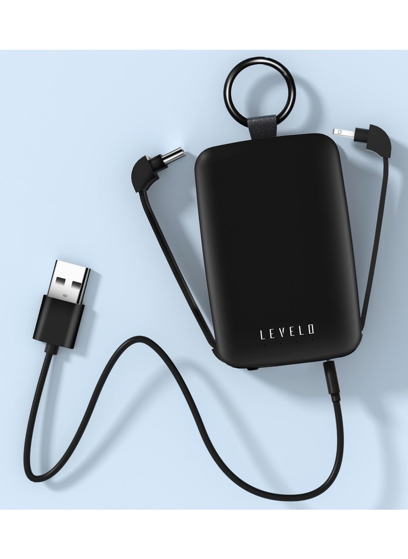 Nano Mini PowerBank 4000mAh with Integrated Keychain and Cables / Built-In Lamp / Simultaneous Charging / Type-C and Lightning Cables / Fast Charging Power Bank - Black