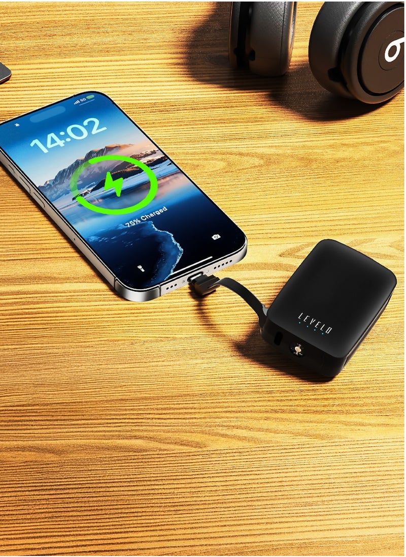 Nano Mini PowerBank 4000mAh with Integrated Keychain and Cables / Built-In Lamp / Simultaneous Charging / Type-C and Lightning Cables / Fast Charging Power Bank - Black