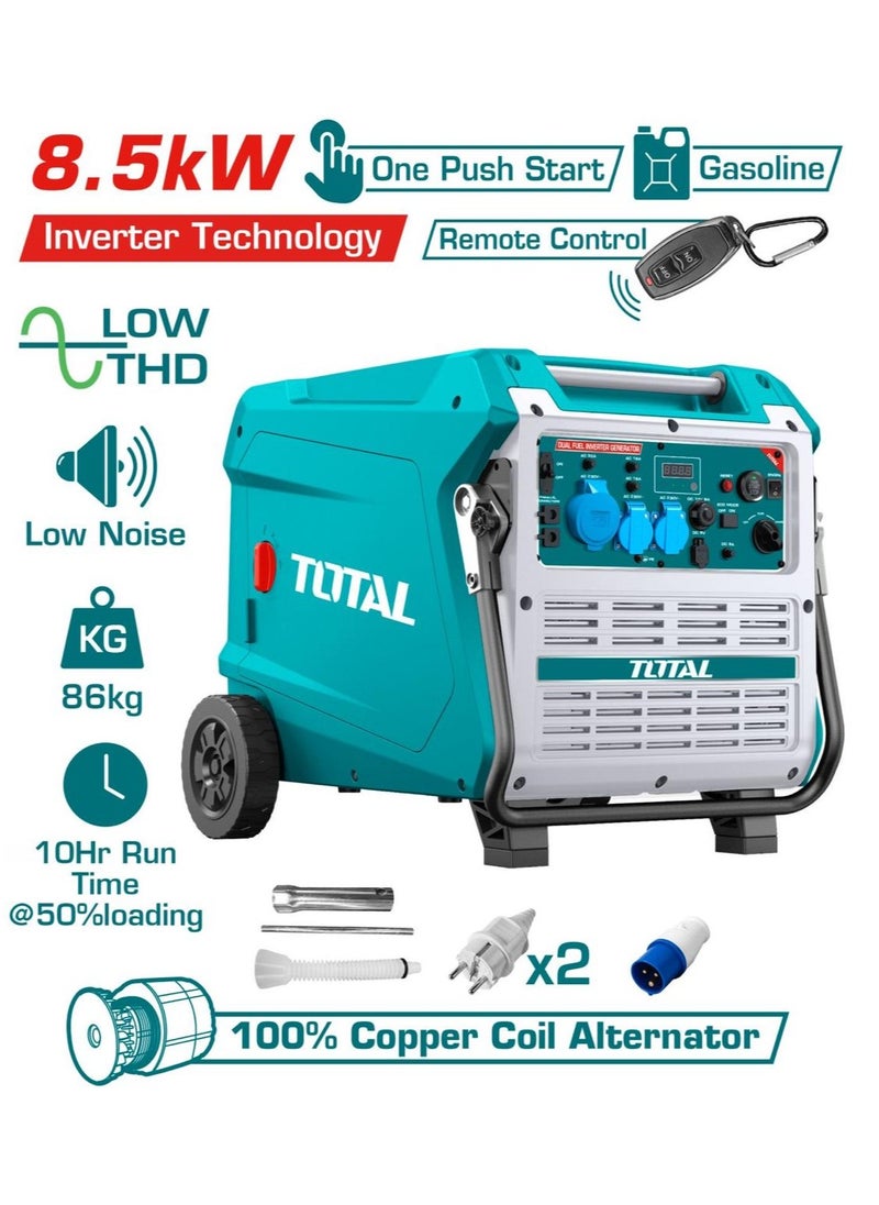 Total Silent 8.5kW Inverter Gasoline Generator – Air-Cooled, Electric & Remote Start, 10H Runtime, USB Ports, 32L Fuel Tank – Ideal for Camping, Indoor, and Outdoor Use