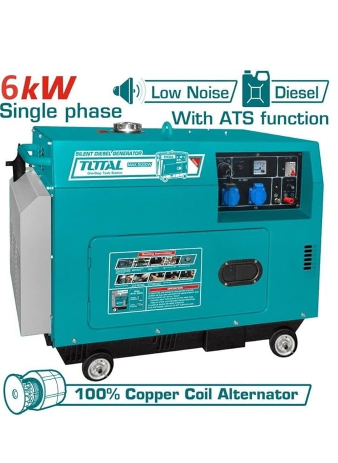 TOTAL Silent Diesel Generator 6.0kVA – 9.0HP Diesel Engine, 220-240V, 12V DC Output, Air-Cooled, Copper Coil Alternator – Electric Start, 17L Fuel Tank– Ideal for Home & Outdoor Use