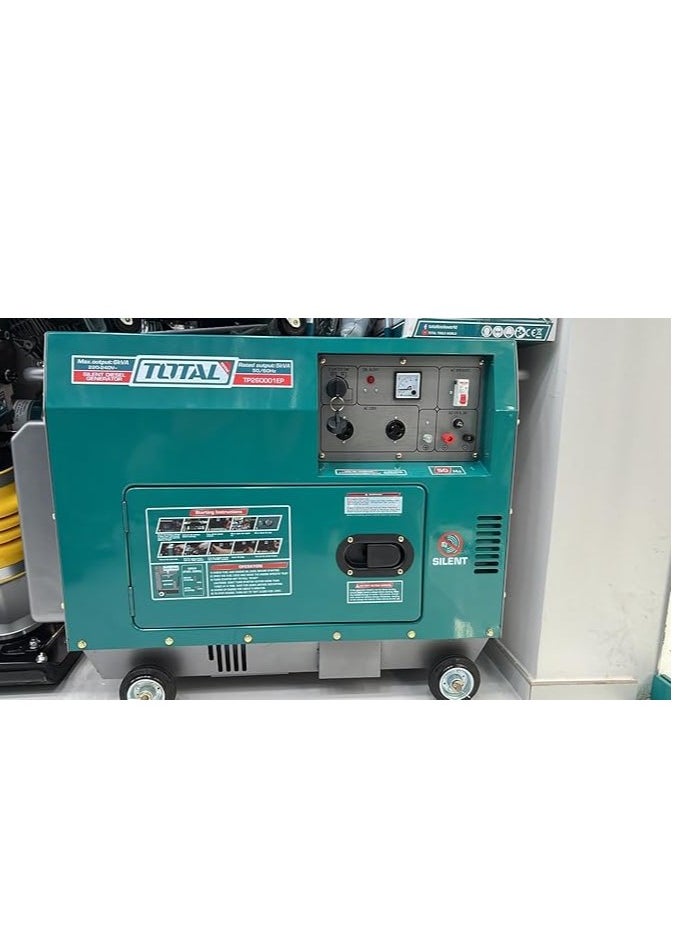 TOTAL Silent Diesel Generator 6.0kVA – 9.0HP Diesel Engine, 220-240V, 12V DC Output, Air-Cooled, Copper Coil Alternator – Electric Start, 17L Fuel Tank– Ideal for Home & Outdoor Use