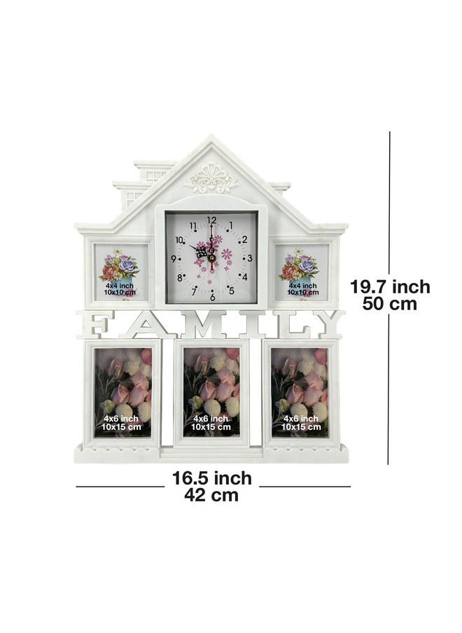 Decorhills Plastic Family Design Multi Pictures Collage Photo Frame with Time Clock, Wall Mount Display, White Frame, 42 x 50 x 2.51 CM, 1-Pc, Stylish Home Décor