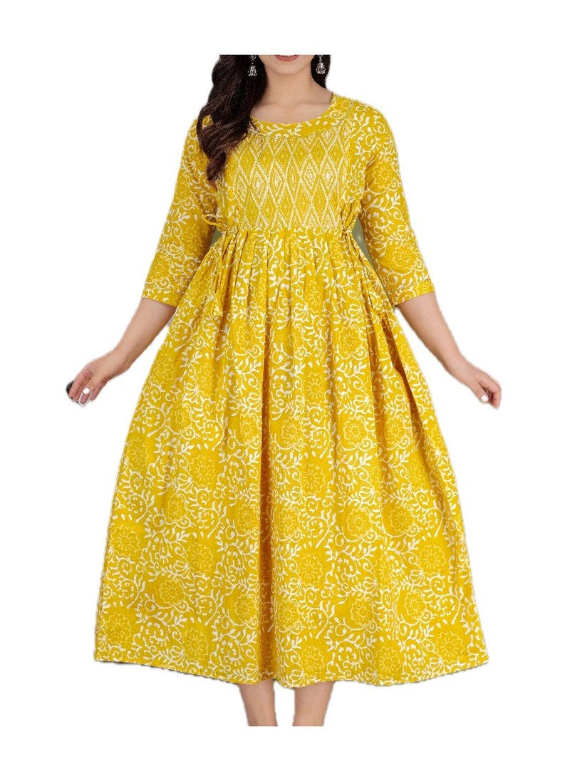 Women's Cotton Floral Print Dress, Yellow, 3/4 Sleeve,Maternity/Feeding Dress