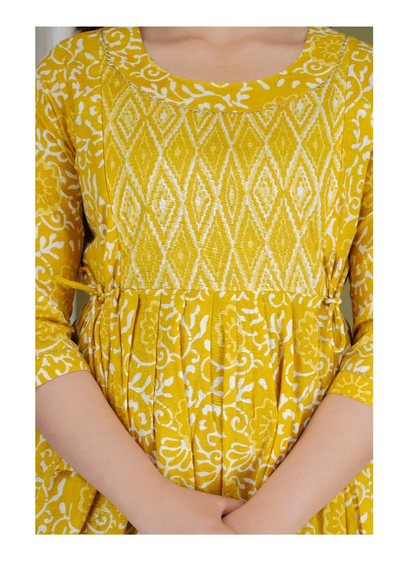 Women's Cotton Floral Print Dress, Yellow, 3/4 Sleeve,Maternity/Feeding Dress