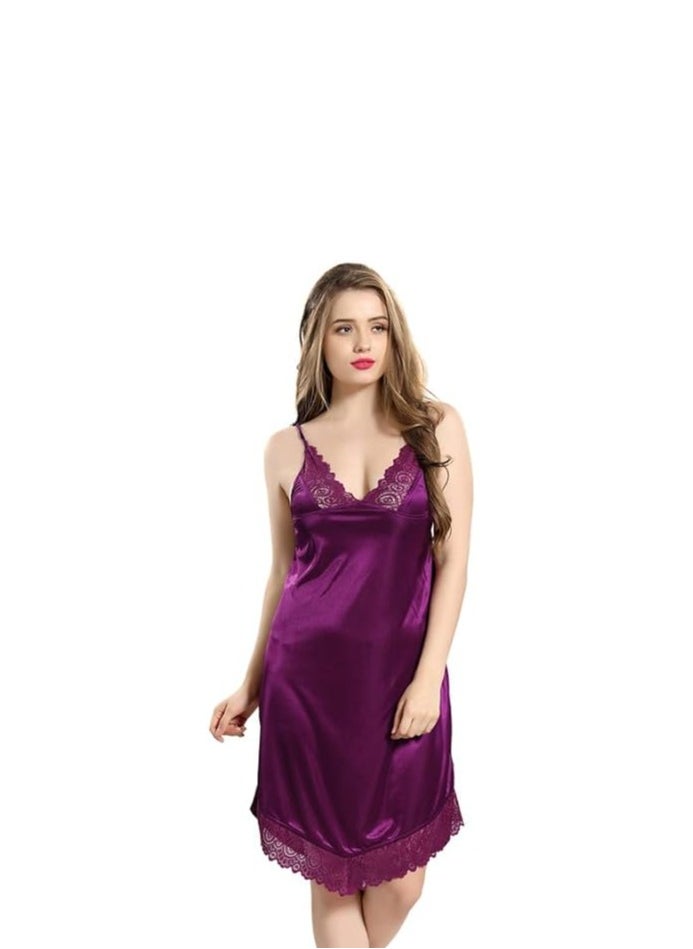 Women Satin Short Nighty with Lace & Robe 1306