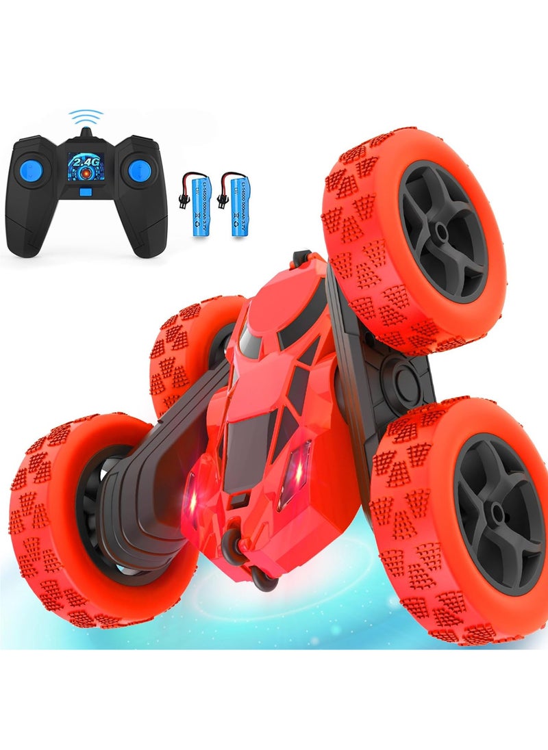 RC Stunt Car for Kids Ages 3-12, 360° Rotating Double Sided 4WD RC Car with Headlights, Rechargeable Electric Racing Toy with 2 Batteries, Outdoor Off-Road Toy for Boys and Girls - Blue