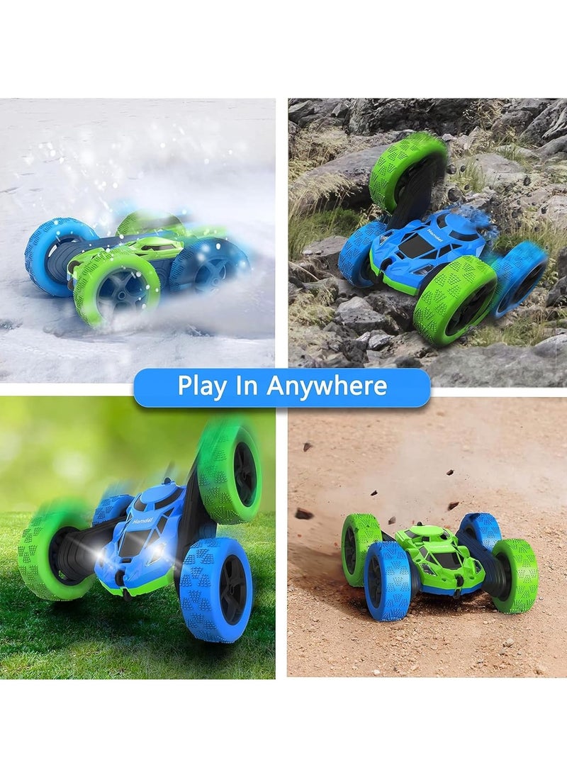 RC Stunt Car for Kids Ages 3-12, 360° Rotating Double Sided 4WD RC Car with Headlights, Rechargeable Electric Racing Toy with 2 Batteries, Outdoor Off-Road Toy for Boys and Girls - Blue/Green