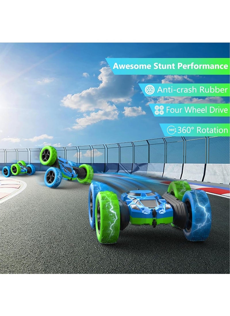 RC Stunt Car for Kids Ages 3-12, 360° Rotating Double Sided 4WD RC Car with Headlights, Rechargeable Electric Racing Toy with 2 Batteries, Outdoor Off-Road Toy for Boys and Girls - Blue/Green