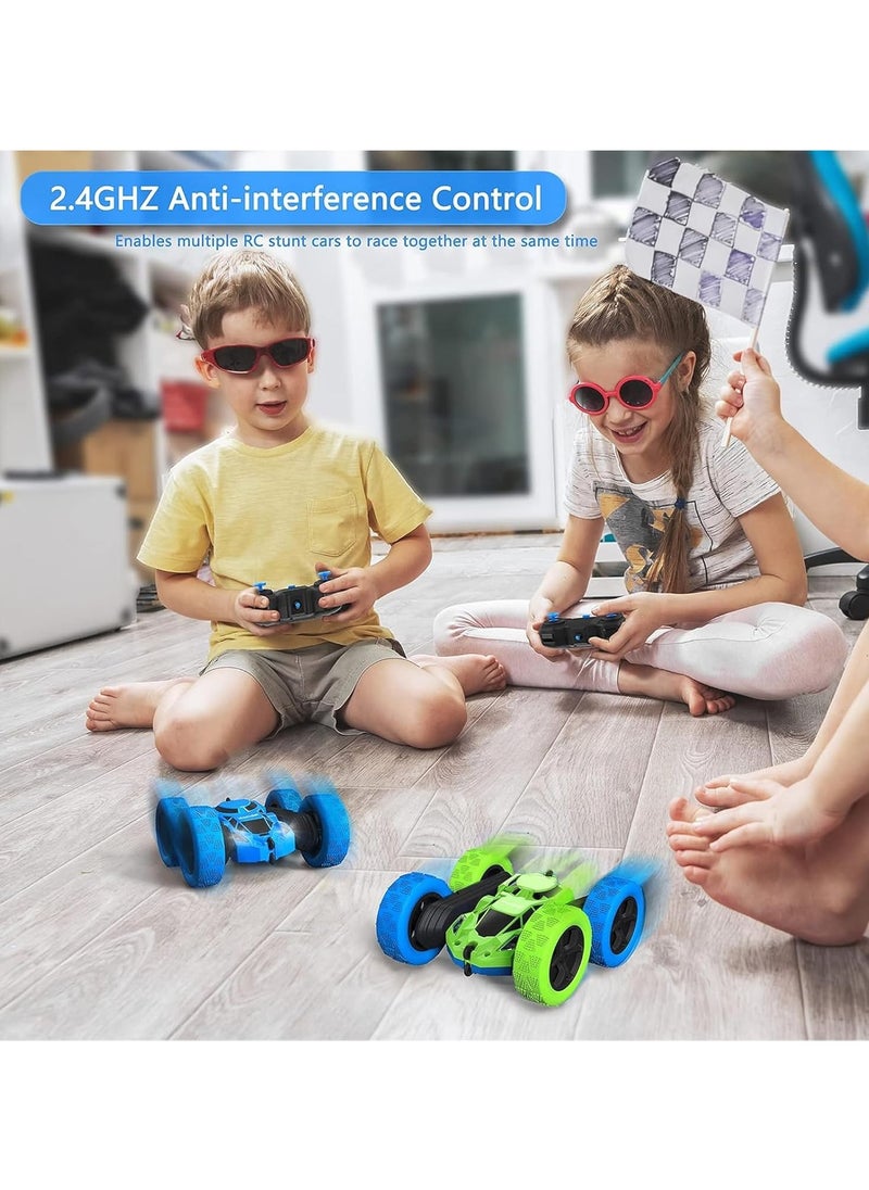 RC Stunt Car for Kids Ages 3-12, 360° Rotating Double Sided 4WD RC Car with Headlights, Rechargeable Electric Racing Toy with 2 Batteries, Outdoor Off-Road Toy for Boys and Girls - Blue/Green