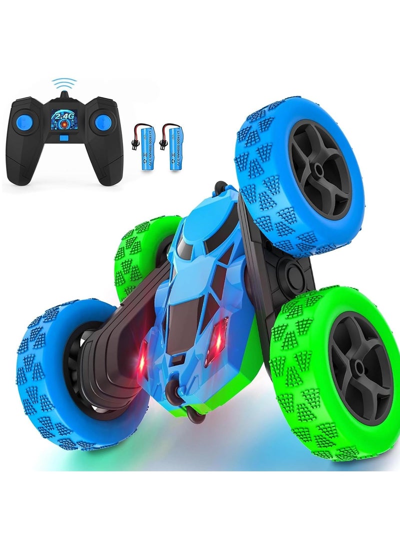 RC Stunt Car for Kids Ages 3-12, 360° Rotating Double Sided 4WD RC Car with Headlights, Rechargeable Electric Racing Toy with 2 Batteries, Outdoor Off-Road Toy for Boys and Girls - Blue/Green