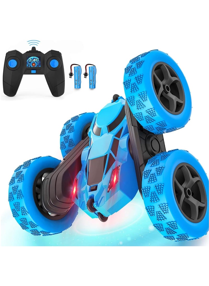 RC Stunt Car for Kids Ages 6-12, 360° Rotating Double Sided 4WD RC Car with Headlights, Rechargeable Electric Racing Toy with 2 Batteries, Outdoor Off-Road Toy for Boys and Girls - Blue