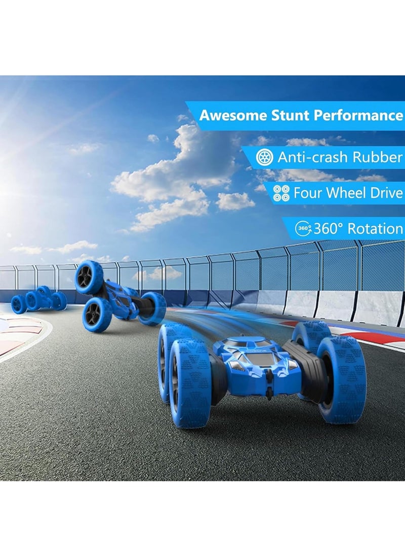 RC Stunt Car for Kids Ages 6-12, 360° Rotating Double Sided 4WD RC Car with Headlights, Rechargeable Electric Racing Toy with 2 Batteries, Outdoor Off-Road Toy for Boys and Girls - Blue