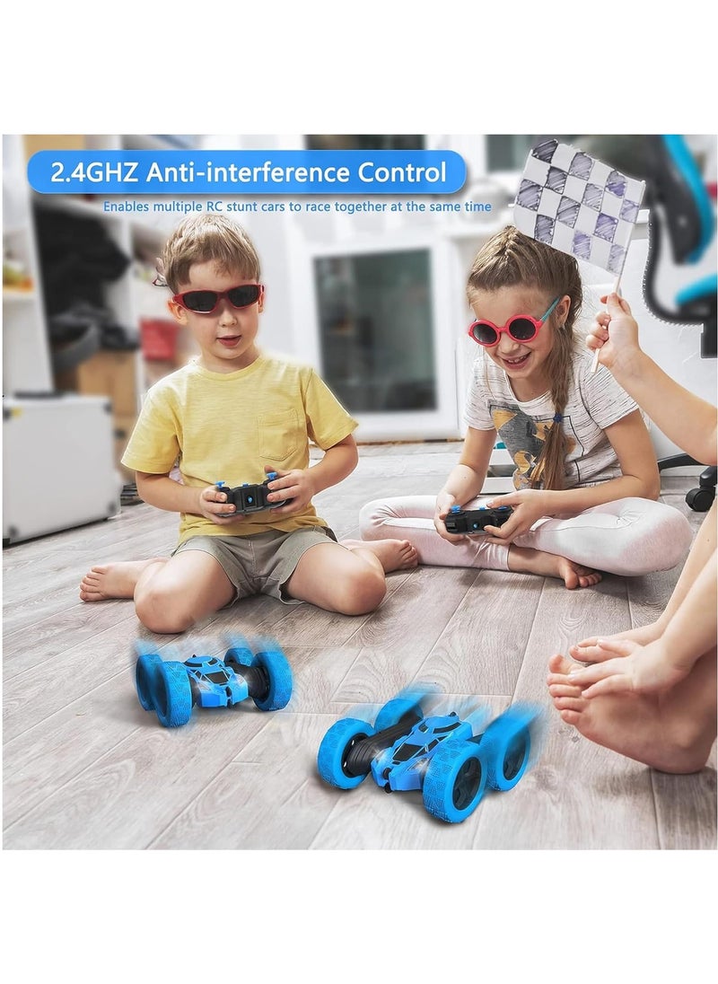 RC Stunt Car for Kids Ages 6-12, 360° Rotating Double Sided 4WD RC Car with Headlights, Rechargeable Electric Racing Toy with 2 Batteries, Outdoor Off-Road Toy for Boys and Girls - Blue