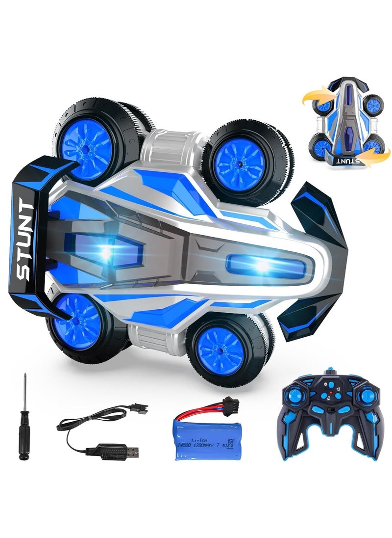 Remote Control Cars for Boys Age 4-14 - 360 Spin Rotating Fast RC Cars, 4WD Upright Walking Rc Stunt Car with LED Lights Music, 2.4Ghz Indoor/Outdoor All Terrain Rechargeable Cars - Blue