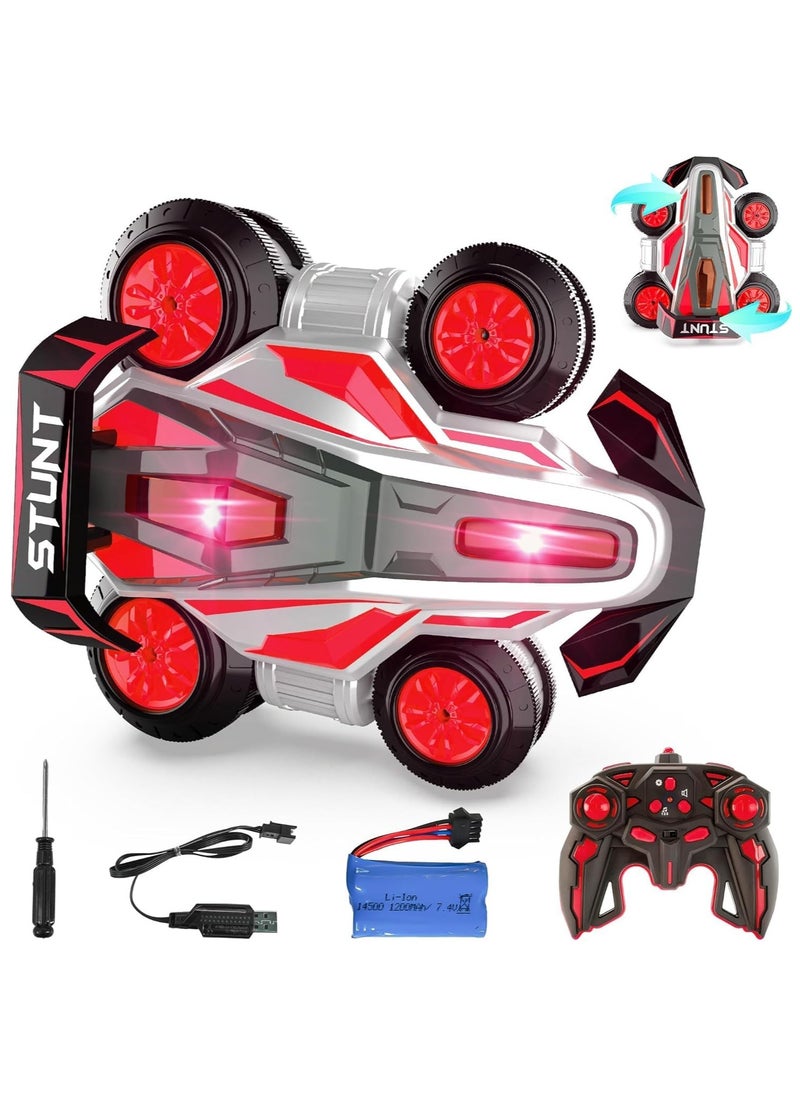 Remote Control Cars for Boys Age 4-14 - 360 Spin Rotating Fast RC Cars, 4WD Upright Walking Rc Stunt Car with LED Lights Music, 2.4Ghz Indoor/Outdoor All Terrain Rechargeable Cars - Red