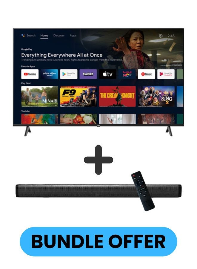 75-Inch 4K QLED Android Smart TV with Dolby Vision, Chromecast, 60Hz Refresh Rate, and 'OK GOOGLE' Voice Remote, and 30W 2.0 Channel Soundbar with Bluetooth, HDMI ARC, USB, Optical Inputs LT-75NQ7115+SOUNDBAR Black