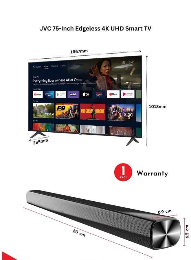 75-Inch 4K QLED Android Smart TV with Dolby Vision, Chromecast, 60Hz Refresh Rate, and 'OK GOOGLE' Voice Remote, and 30W 2.0 Channel Soundbar with Bluetooth, HDMI ARC, USB, Optical Inputs LT-75NQ7115+SOUNDBAR Black