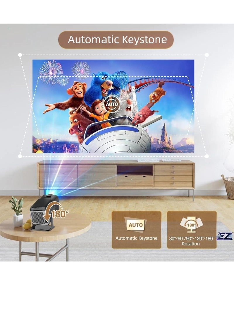 Mini 4K Native 1080P Smart Projector – Android TV 11.0, WiFi & Bluetooth, Auto Keystone, 10000 Lumens, 180-Degree Rotation, Short Throw – Ultimate Home Theater Experience, Compact & Portable for Movie Nights