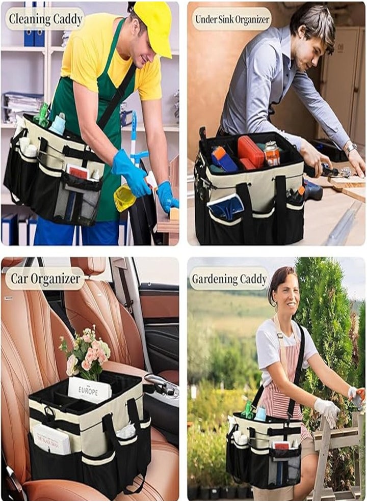 Wearable Cleaning Organizer, Cleaning Storage Box Supplies Organizer with Handle and Shoulder Strap for Housekeeper, Under Sink and Car Cleaning Tool Organizer with 4 Foldable Dividers