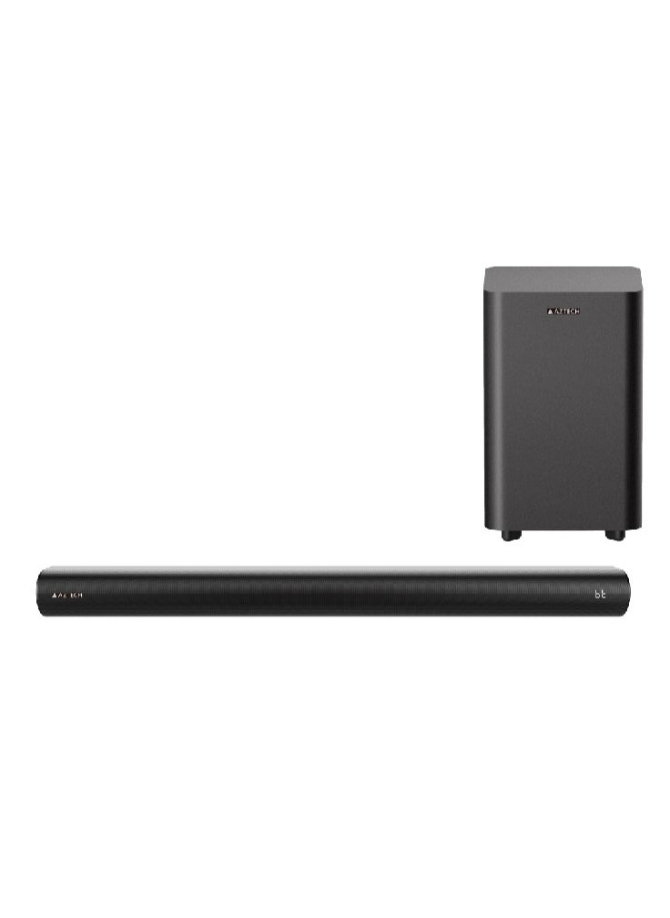 AZTECH 2.1CH Soundbar with wired Subwoofer 120W - Premium Sound Experience with Rich Bass with Bluetooth 5.3, 3EQ Modes, HDMI(ARC), Optical, AUX, USB, Dedicated DSP and Remote Controller | AZTECH 201