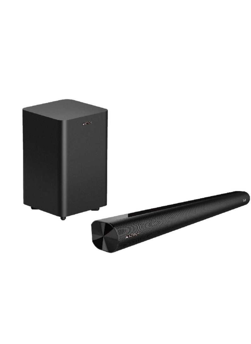 AZTECH 2.1CH Soundbar with wired Subwoofer 120W - Premium Sound Experience with Rich Bass with Bluetooth 5.3, 3EQ Modes, HDMI(ARC), Optical, AUX, USB, Dedicated DSP and Remote Controller | AZTECH 201