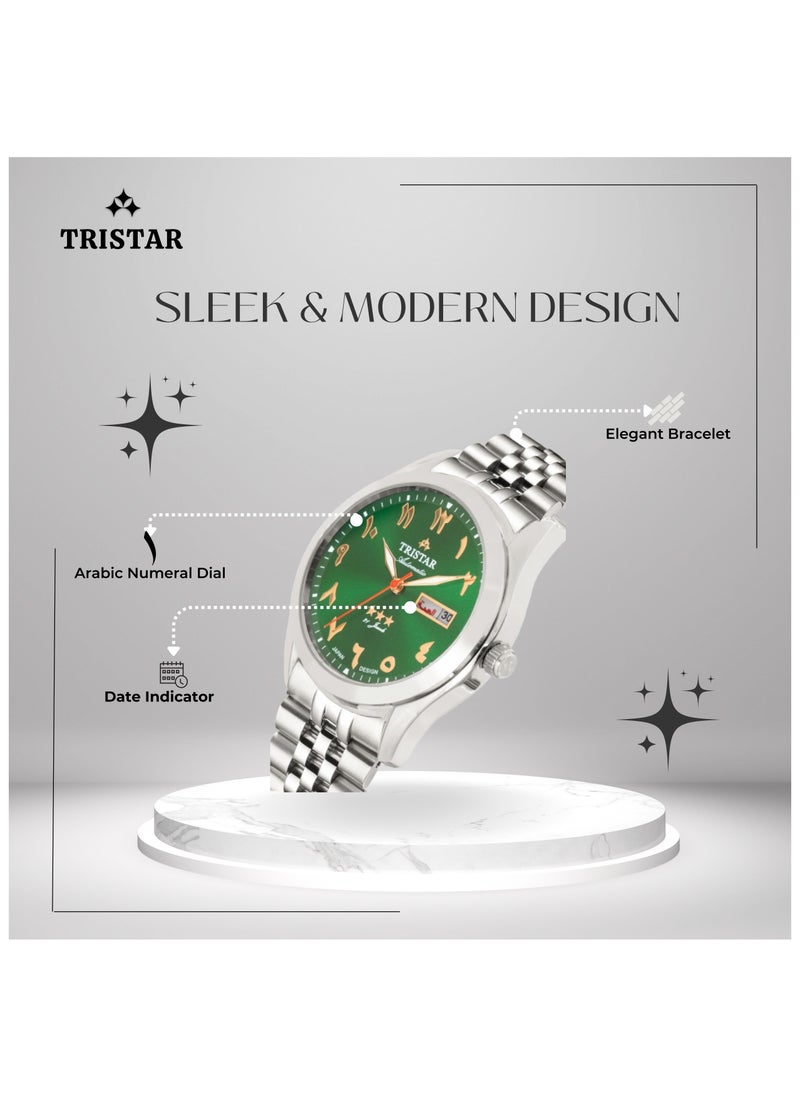 Tristar NJ Men's Automatic Watch Arabic Green Dial Stainless Steel Bracelet Wrist Watch for Men (TS-BA34GMSSM03)