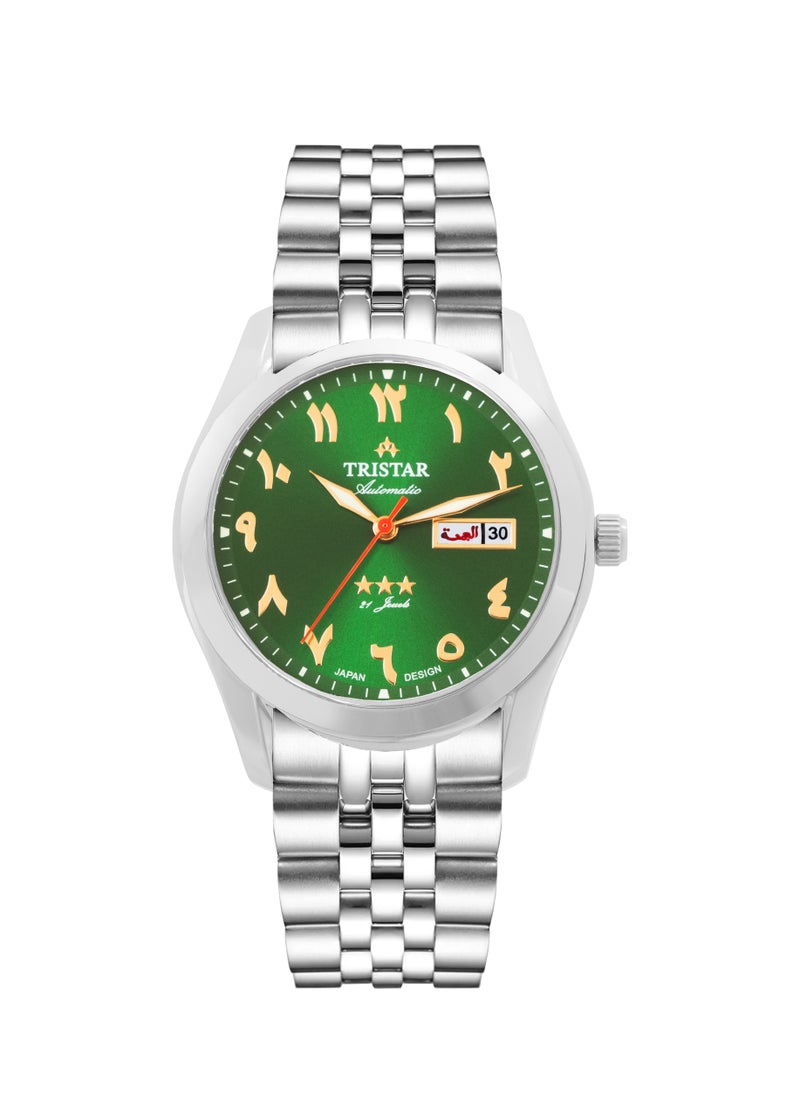 Tristar NJ Men's Automatic Watch Arabic Green Dial Stainless Steel Bracelet Wrist Watch for Men (TS-BA34GMSSM03)