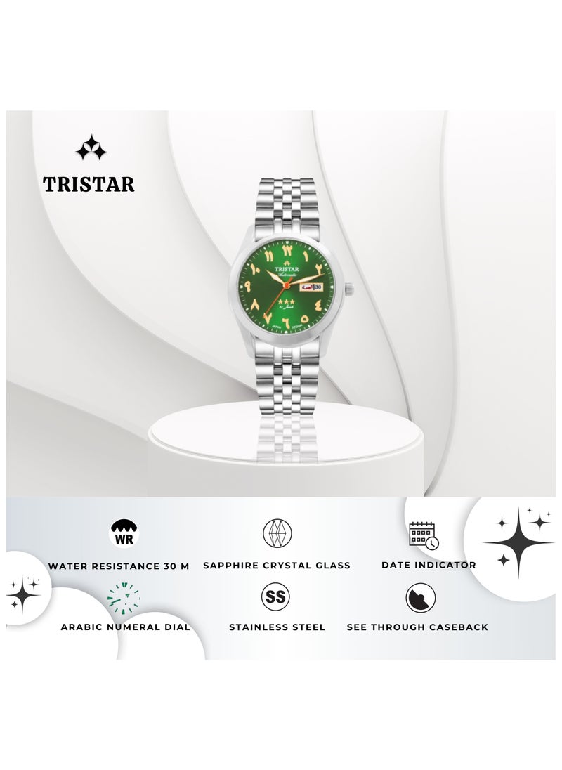 Tristar NJ Men's Automatic Watch Arabic Green Dial Stainless Steel Bracelet Wrist Watch for Men (TS-BA34GMSSM03)