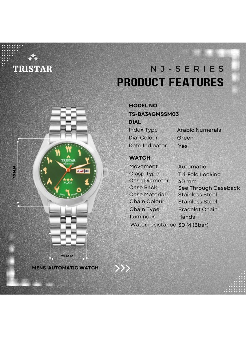 Tristar NJ Men's Automatic Watch Arabic Green Dial Stainless Steel Bracelet Wrist Watch for Men (TS-BA34GMSSM03)