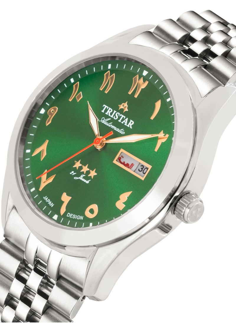 Tristar NJ Men's Automatic Watch Arabic Green Dial Stainless Steel Bracelet Wrist Watch for Men (TS-BA34GMSSM03)