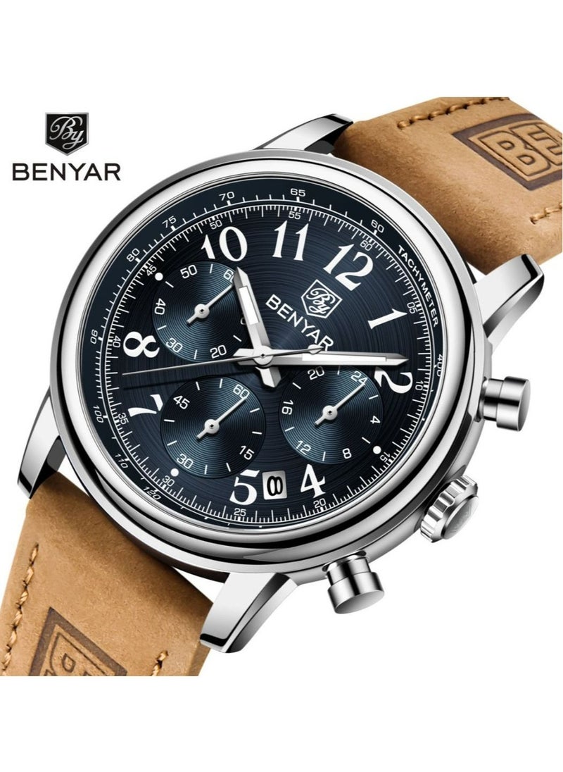 Watches For Men Luxury Quartz Water Resistant Watch Men's Chronograph Genuine Leather Strap