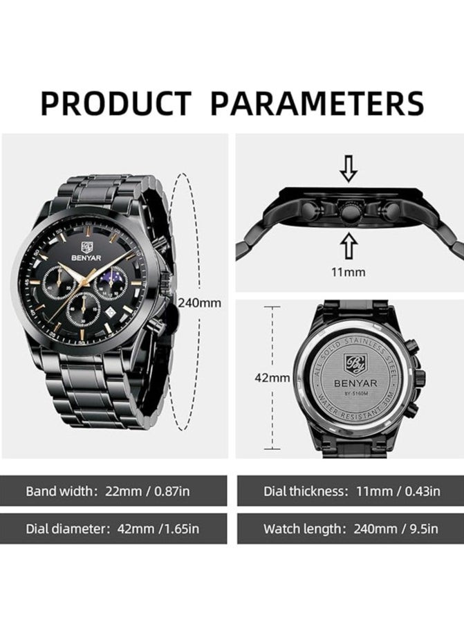 Mens Watches Multifunction Chronograph Date Quartz Watch for Men Black Stainless Steel Band Analog Wrist Watch Gift for Men Casual Business