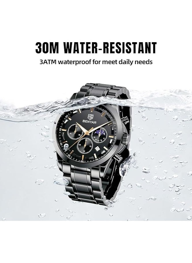 Mens Watches Multifunction Chronograph Date Quartz Watch for Men Black Stainless Steel Band Analog Wrist Watch Gift for Men Casual Business