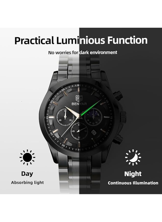 Mens Watches Multifunction Chronograph Date Quartz Watch for Men Stainless Steel Band Wrist Watch Gift for Men Casual Business