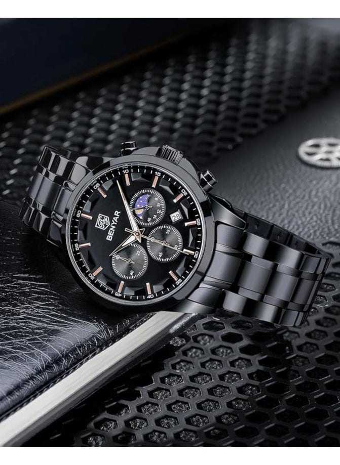 Mens Watches Multifunction Chronograph Date Quartz Watch for Men Stainless Steel Band Wrist Watch Gift for Men Casual Business