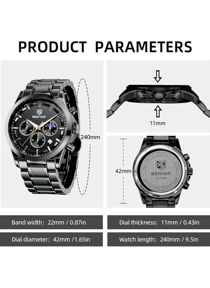 Mens Watches Multifunction Chronograph Date Quartz Watch for Men Stainless Steel Band Wrist Watch Gift for Men Casual Business