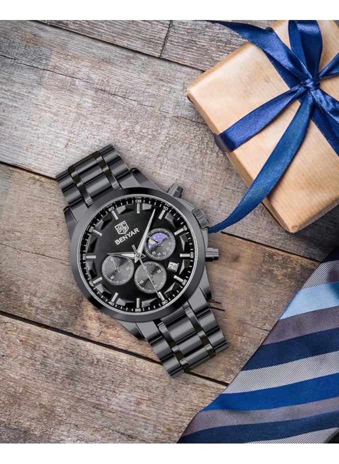Mens Watches Multifunction Chronograph Date Quartz Watch for Men Stainless Steel Band Wrist Watch Gift for Men Casual Business